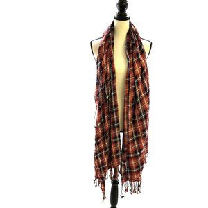 Nordstrom Sole Society Scarf Red‎ Plaid Fringe Lightweight Rayon Shawl Womens